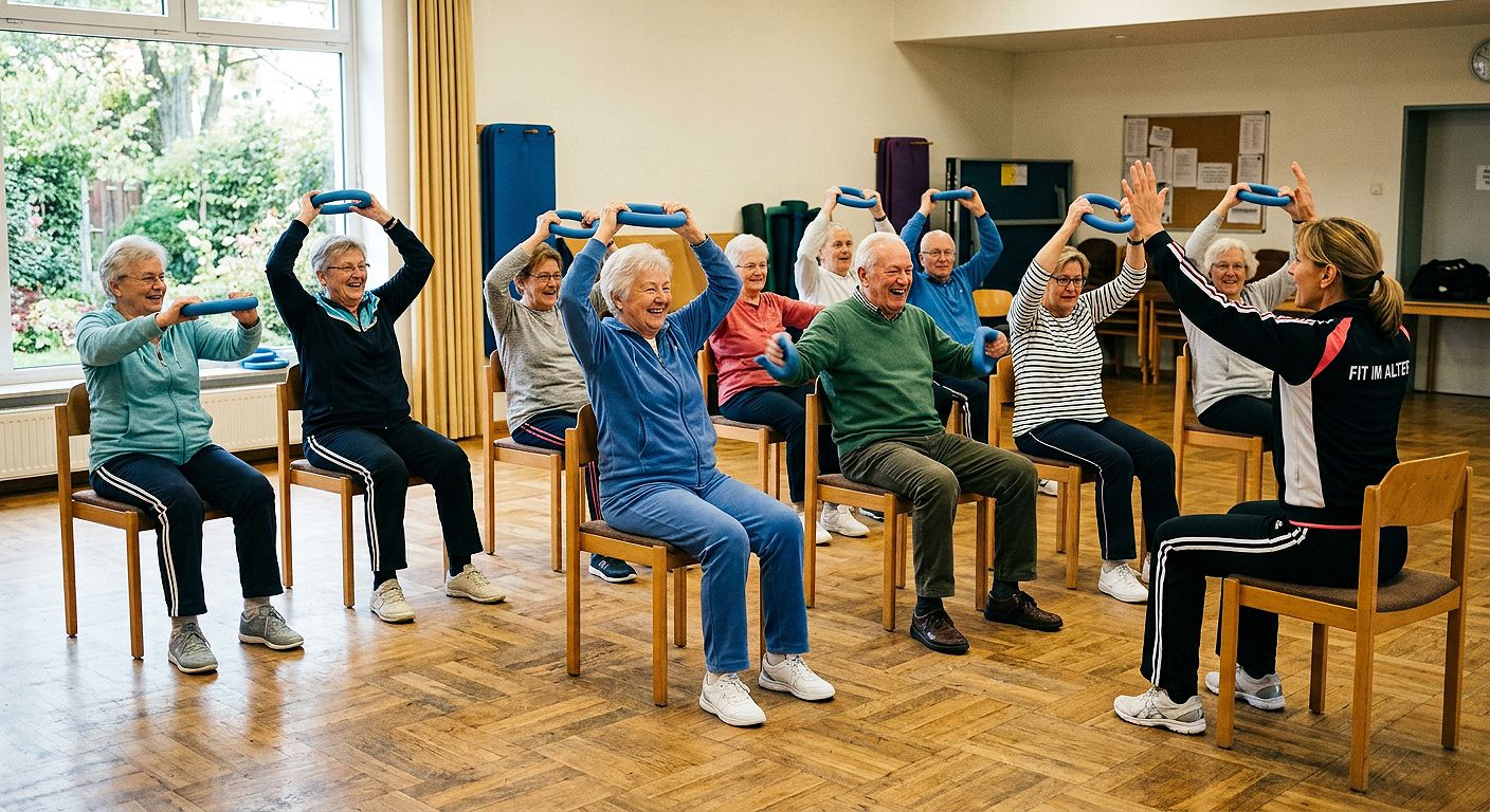 Eine Gruppe älterer Menschen führt in einem hellen Raum Gymnastikübungen in einer Kursatmosphäre durch.