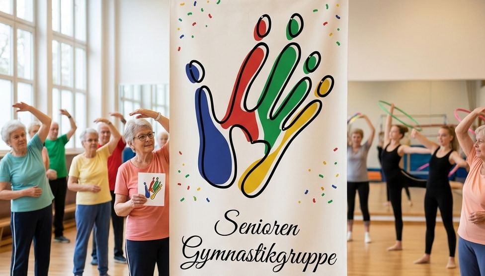 Ältere Frauen machen in einer Halle Gymnastikübungen, vor einem Banner der Senioren Gymnastikgruppe.